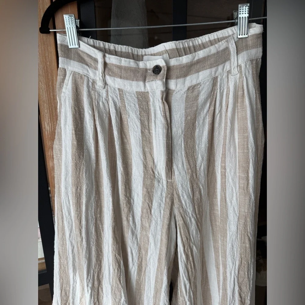 H&M linen pants wide leg cropped striped beige sand pockets high rise trousers